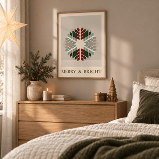 Red and green patchwork snowflake print in a bedroom at Christmas