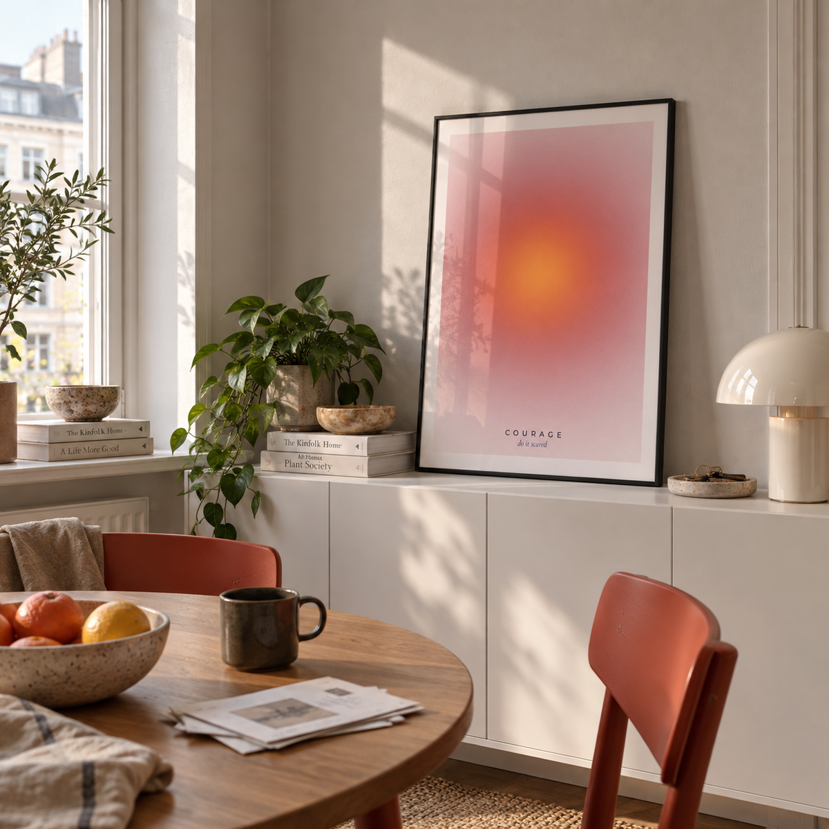 Warm coral halo gradient print above a sideboard in a dining against a warm grey wall