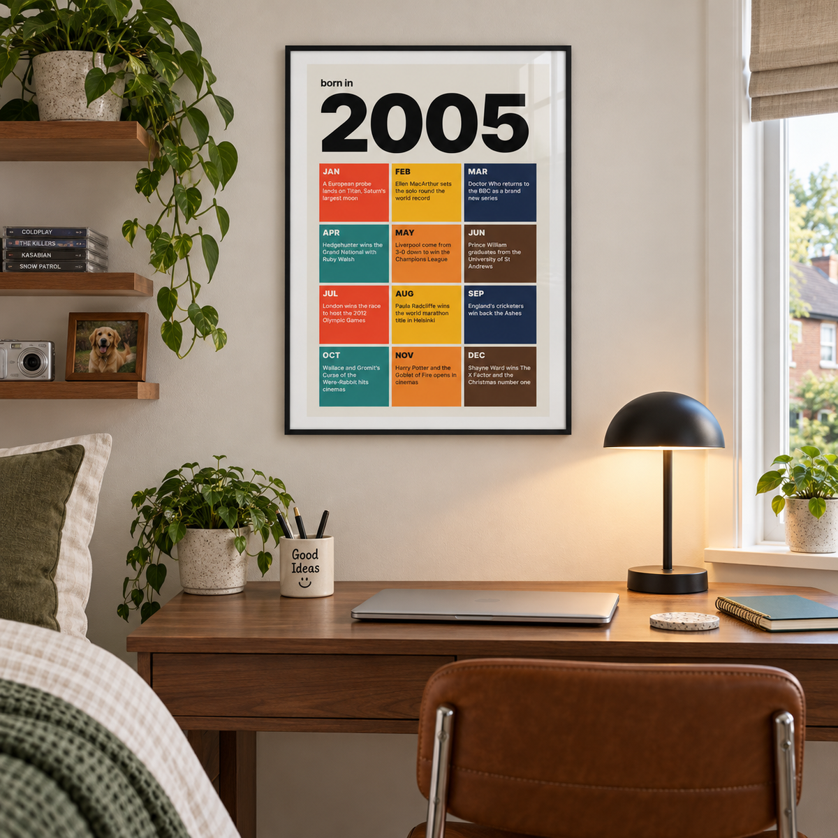 Colourful month by month print of 2005 on a wall in a lived in room