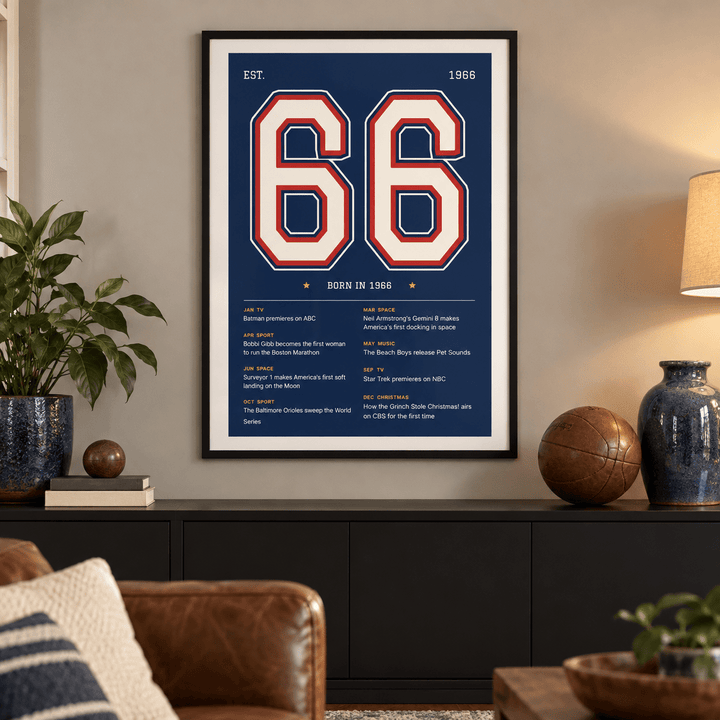 Navy varsity print of 1966 on a wall in a lived in room