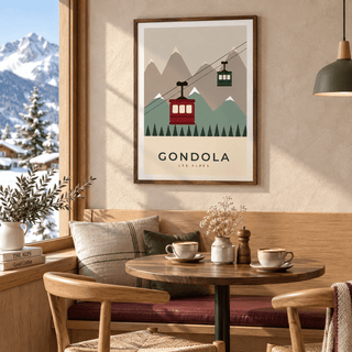 Retro cable car print in a cafe corner at Christmas