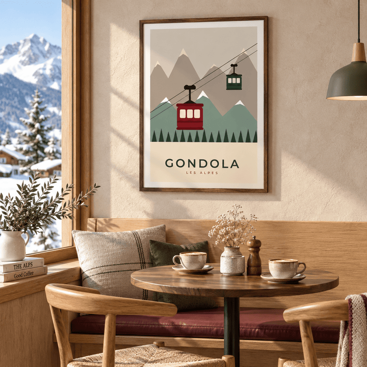 Retro cable car print in a cafe corner at Christmas