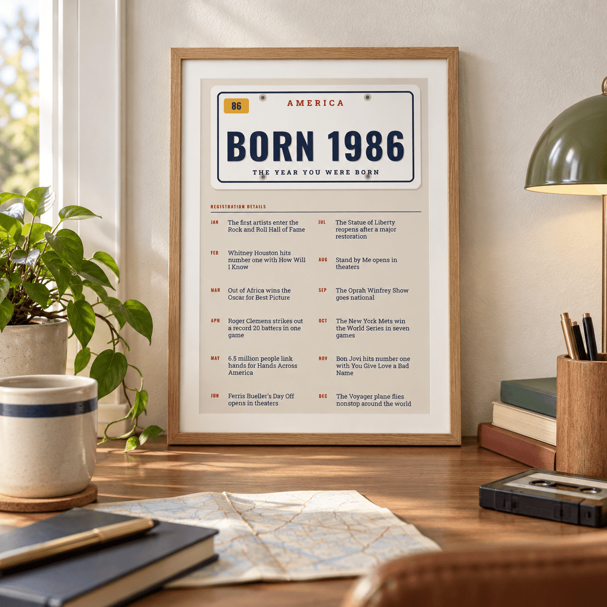 License plate print reading BORN 1986 on a wall in a lived in room