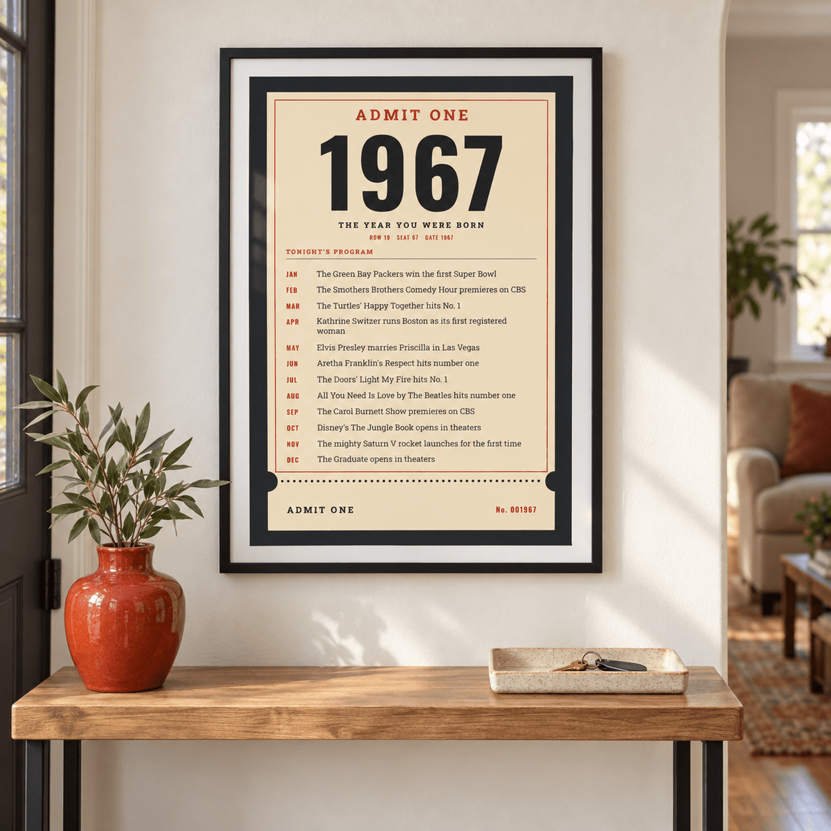 Ticket stub print with the year 1967 on a wall in a lived in room
