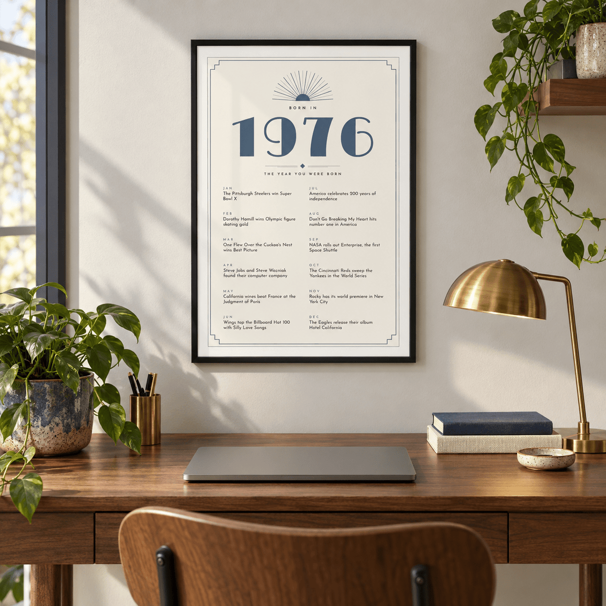 Cream and slate blue Deco print of 1976 on a wall in a lived in room