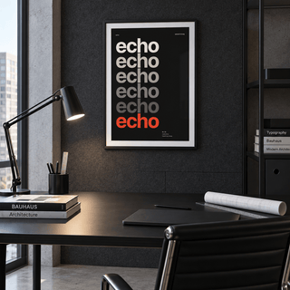 Echo typography fading to red print above a desk in a home office
