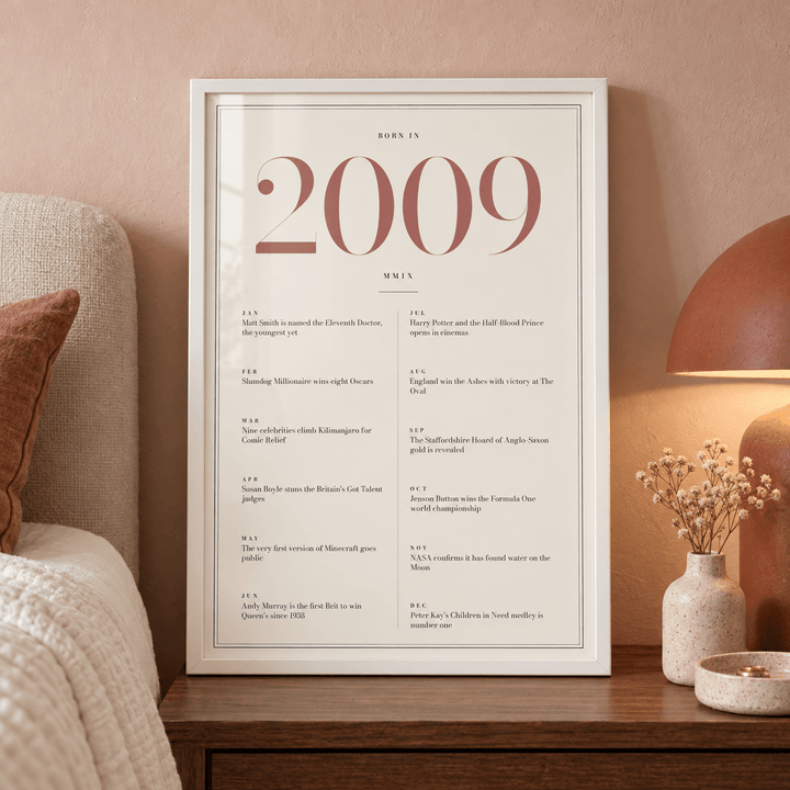 Cream and dusty rose 2009 birth year print on a wall in a lived in room