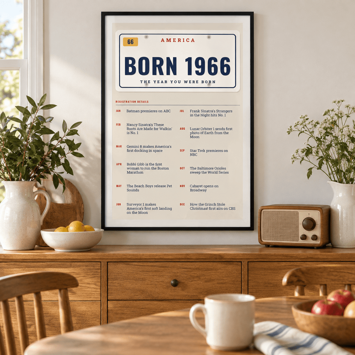 License plate print reading BORN 1966 on a wall in a lived in room