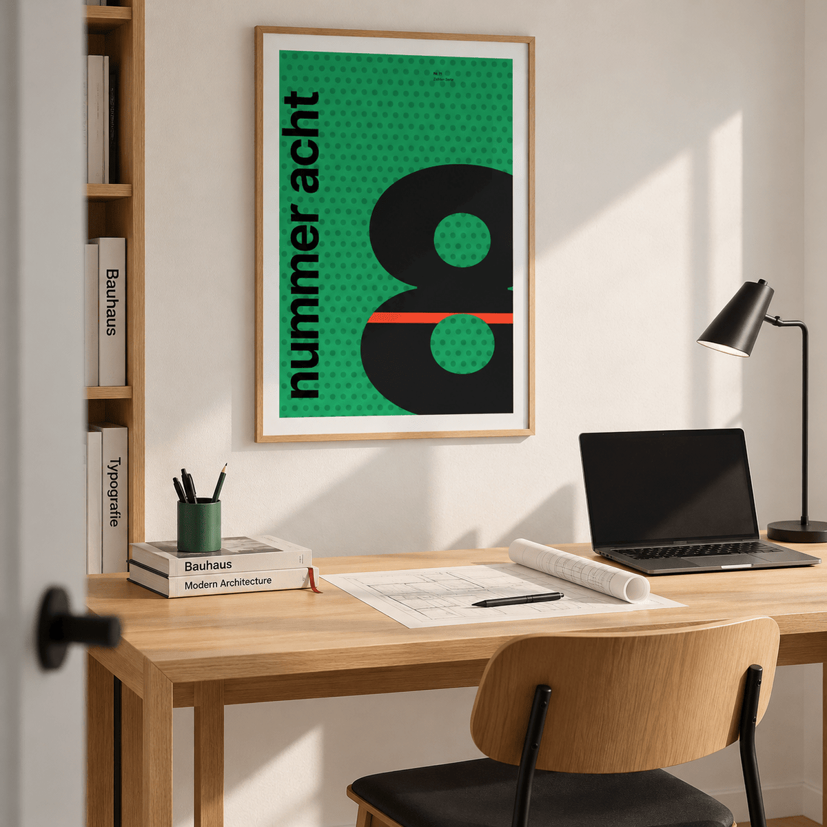 Number eight typography print above a desk in a home office