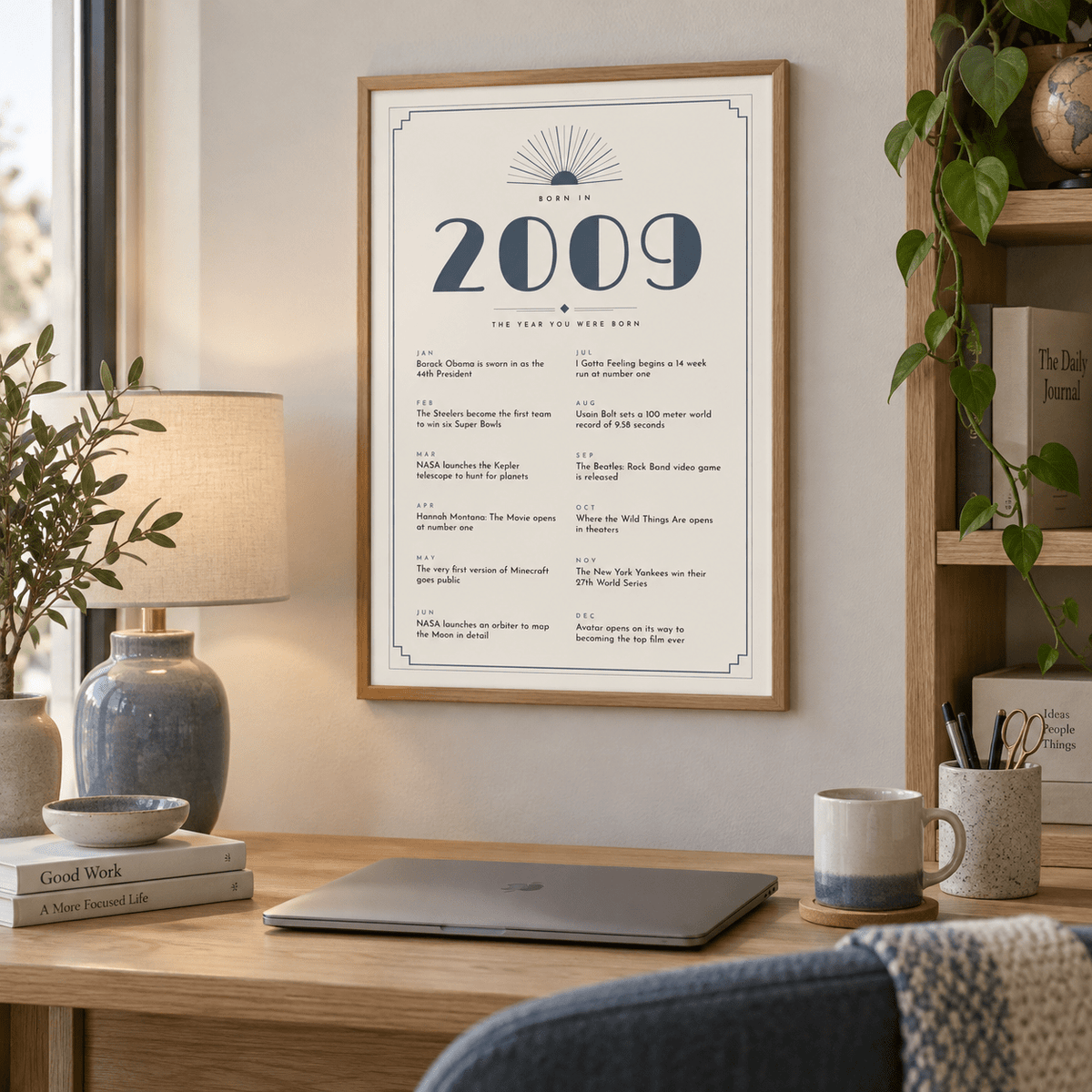 Cream and slate blue Deco print of 2009 on a wall in a lived in room