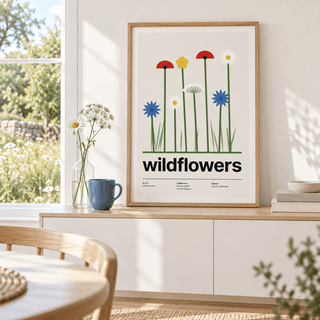 Meadow of cornflowers poppies and daisies above a table in a sunny breakfast room