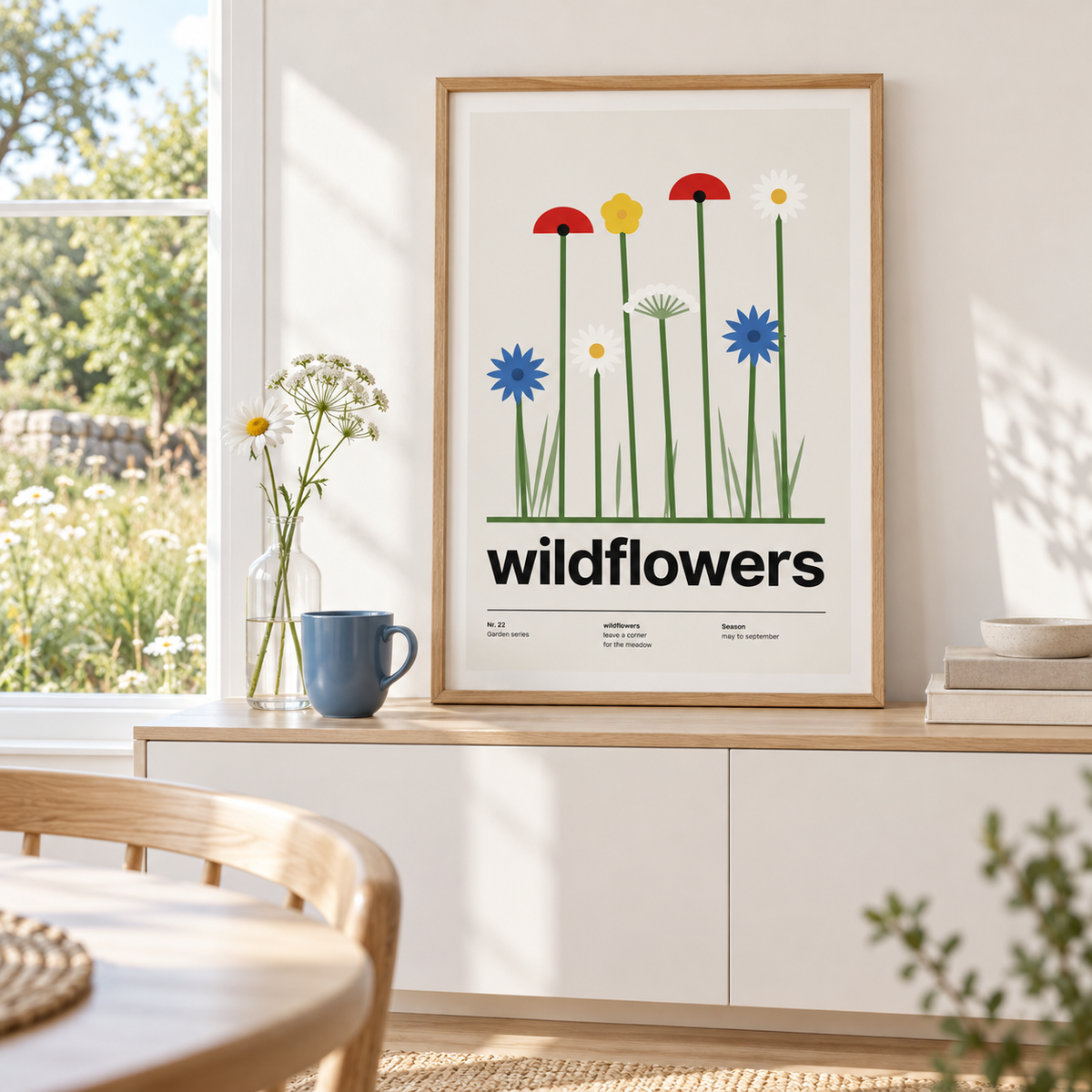 Meadow of cornflowers poppies and daisies above a table in a sunny breakfast room
