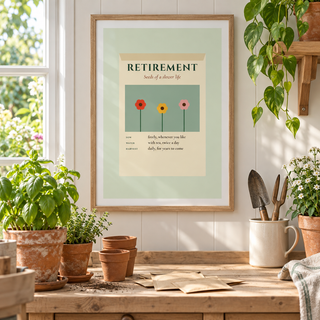 Vintage seed packet print in a garden room filled with green plants