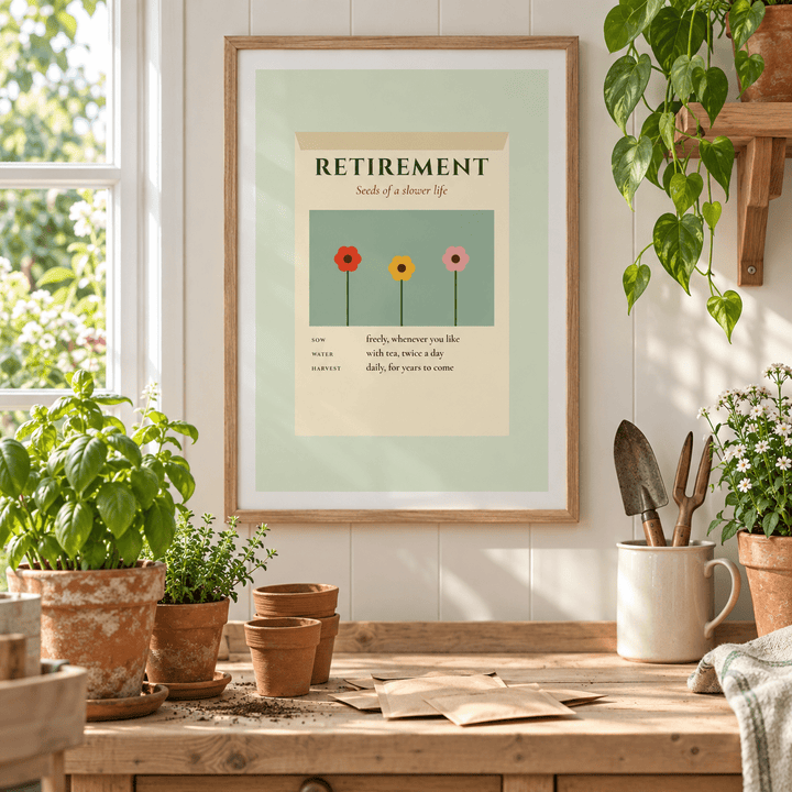 Vintage seed packet print in a garden room filled with green plants