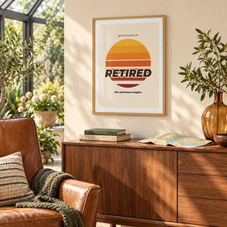 Striped orange sunset print in a bright conservatory looking onto the garden