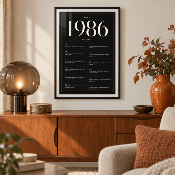 Black and ivory 1986 birth year print on a wall in a lived in room