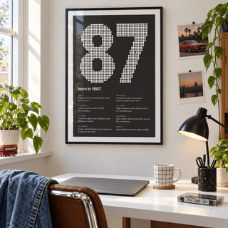 Charcoal halftone print of the year 1987 on a wall in a lived in room