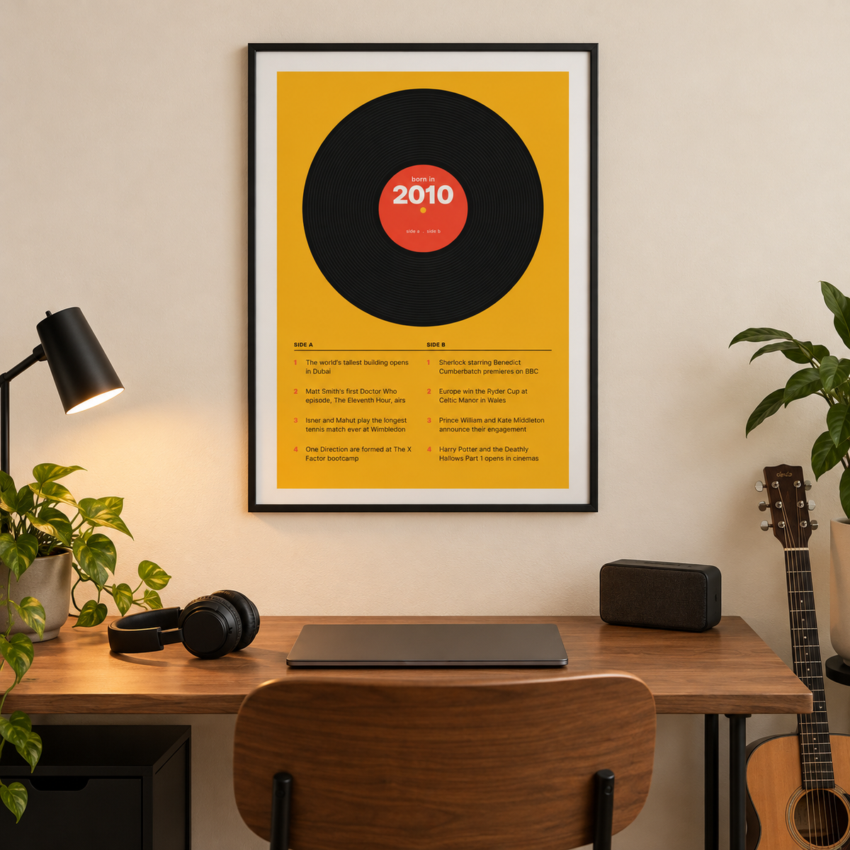 Black vinyl record print with a 2010 label on a wall in a lived in room