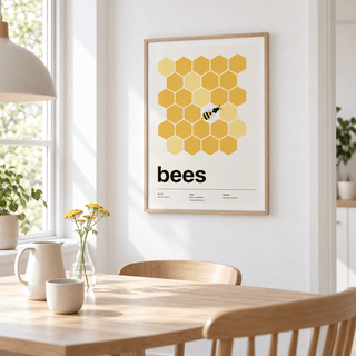 Golden honeycomb grid with one bee above a table in a sunny breakfast nook