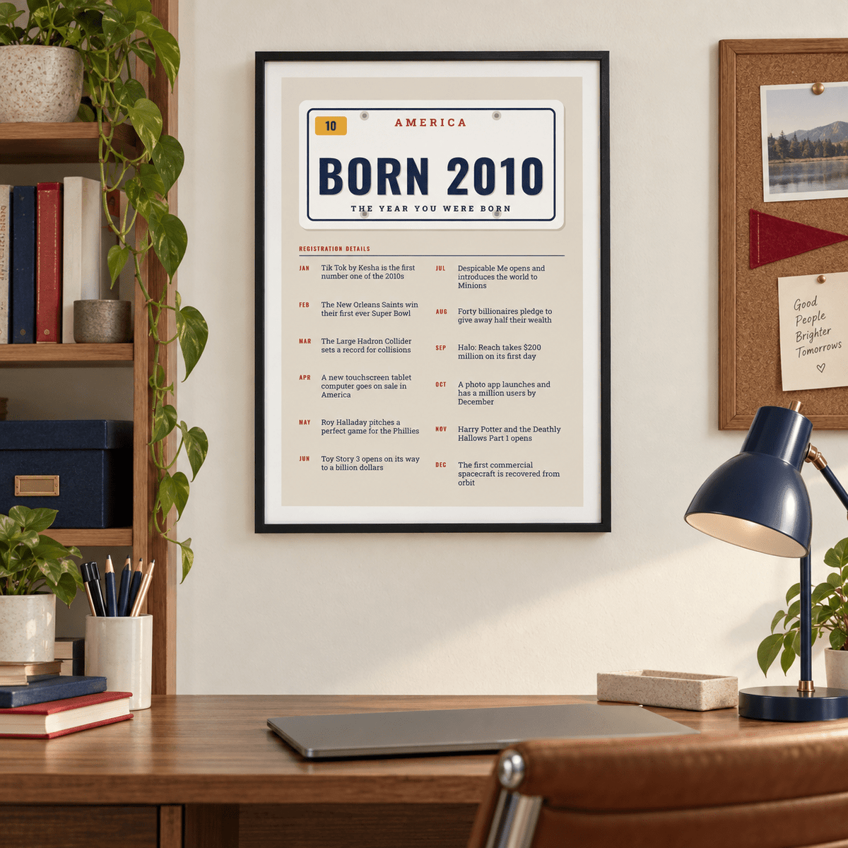 License plate print reading BORN 2010 on a wall in a lived in room