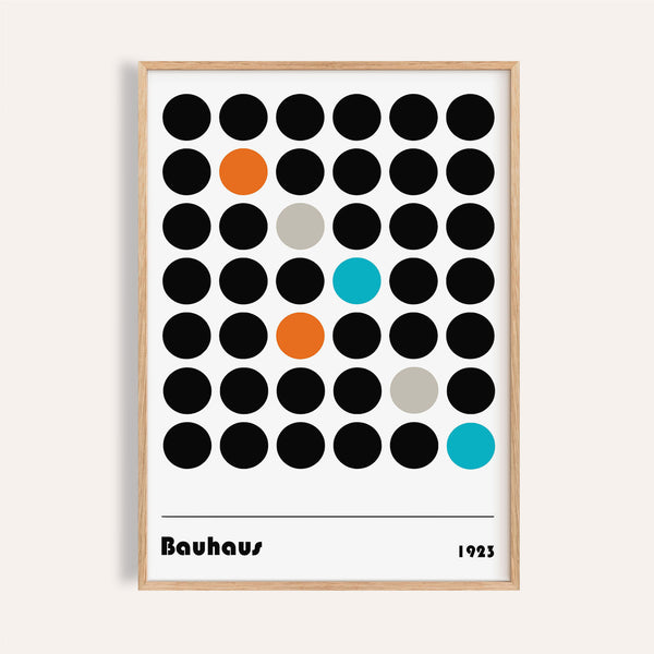 Mid-century modern graphic prints with bold circles in black and teal.