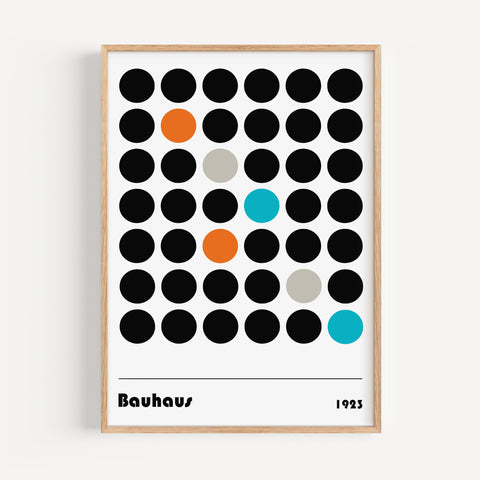 Abstract Bauhaus dots poster featuring bold circles in black and orange for minimalist wall art