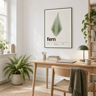 Single green fern frond above a desk in a study full of plants