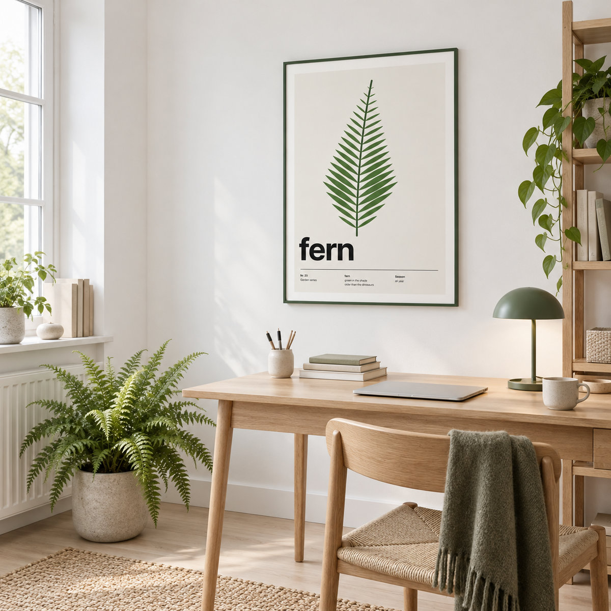 Single green fern frond above a desk in a study full of plants