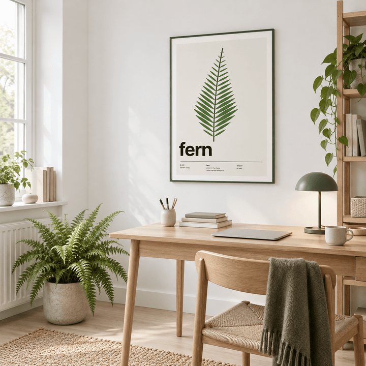 Single green fern frond above a desk in a study full of plants