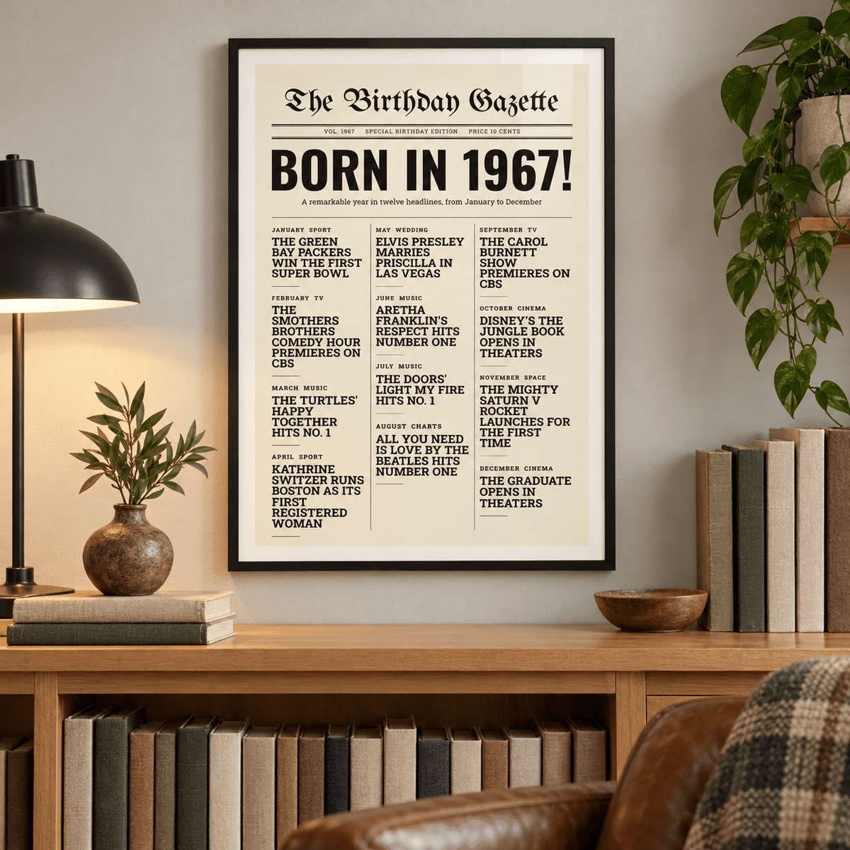 Birthday Gazette print with 1967 headlines on a wall in a lived in room
