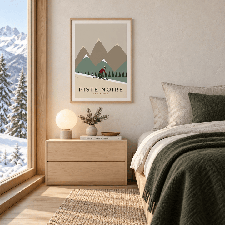 Vintage style skier print in a bedroom at Christmas