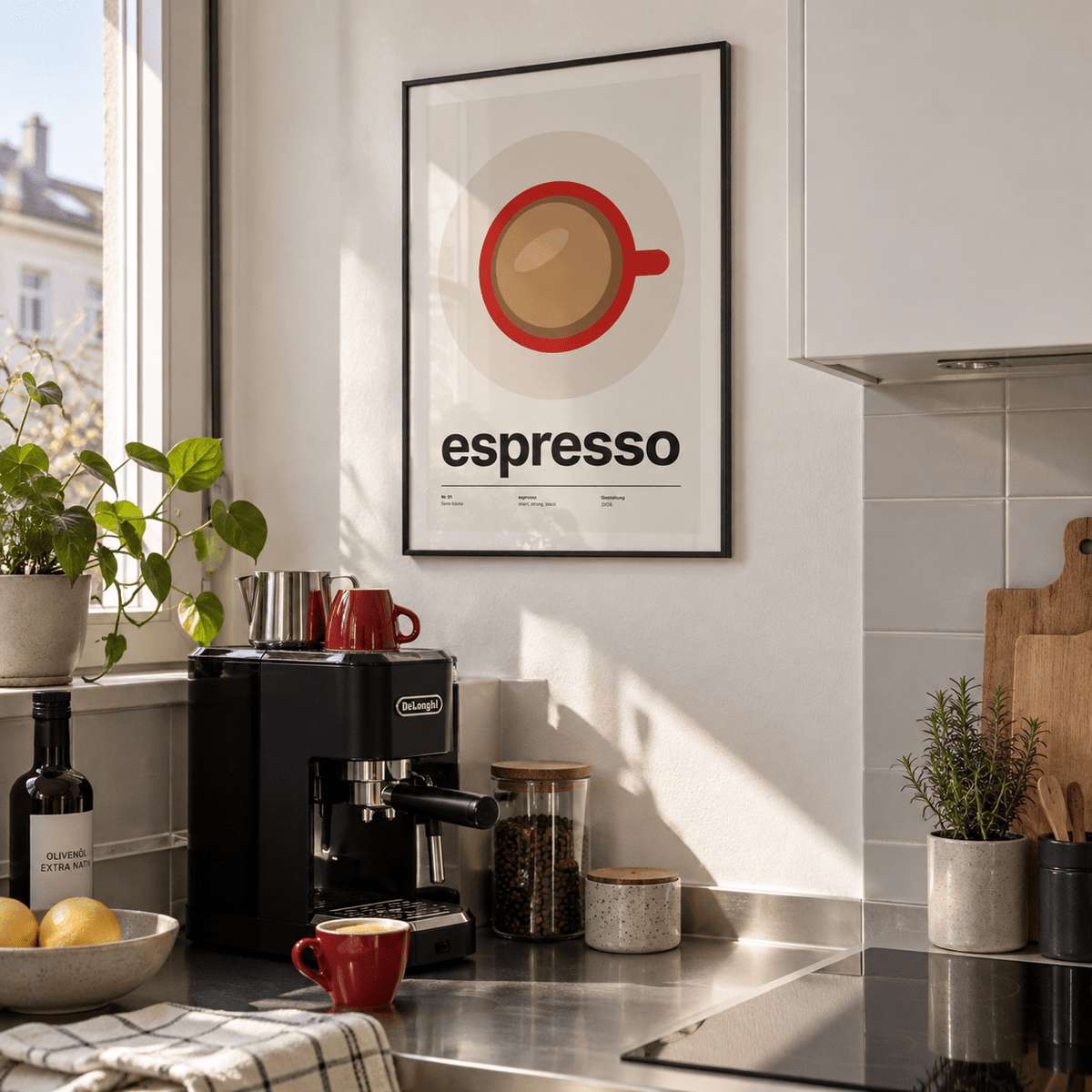 Espresso cup seen from above print in an espresso corner against a white wall