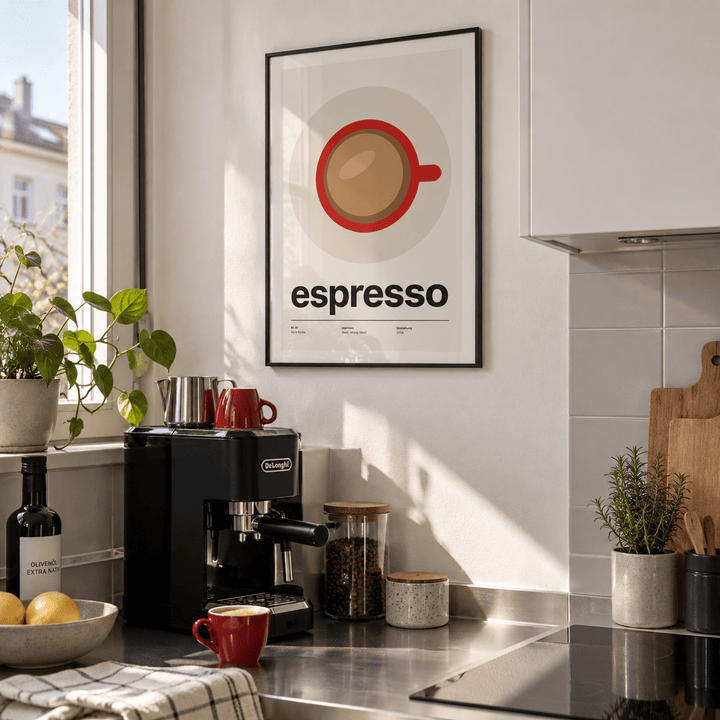 Espresso cup seen from above print in an espresso corner against a white wall