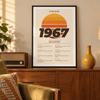Retro sunset print with 1967 in italic lettering on a wall in a lived in room