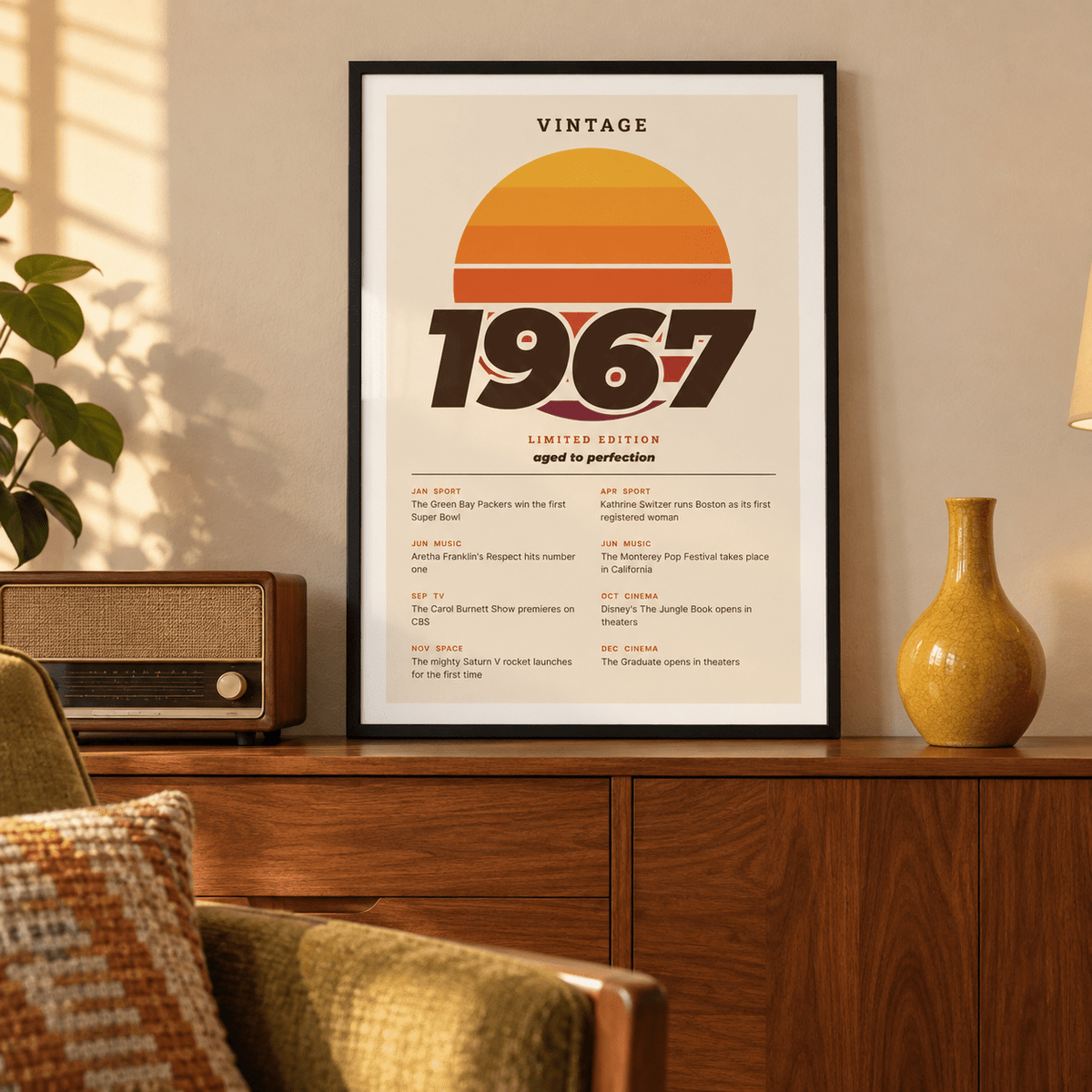 Retro sunset print with 1967 in italic lettering on a wall in a lived in room