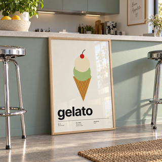 Pistachio and vanilla ice cream cone print in a breakfast bar against a mint wall