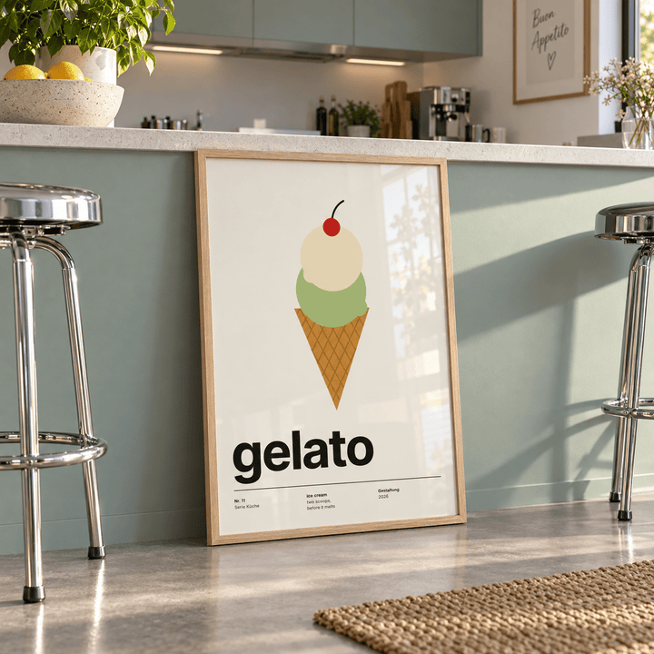 Pistachio and vanilla ice cream cone print in a breakfast bar against a mint wall