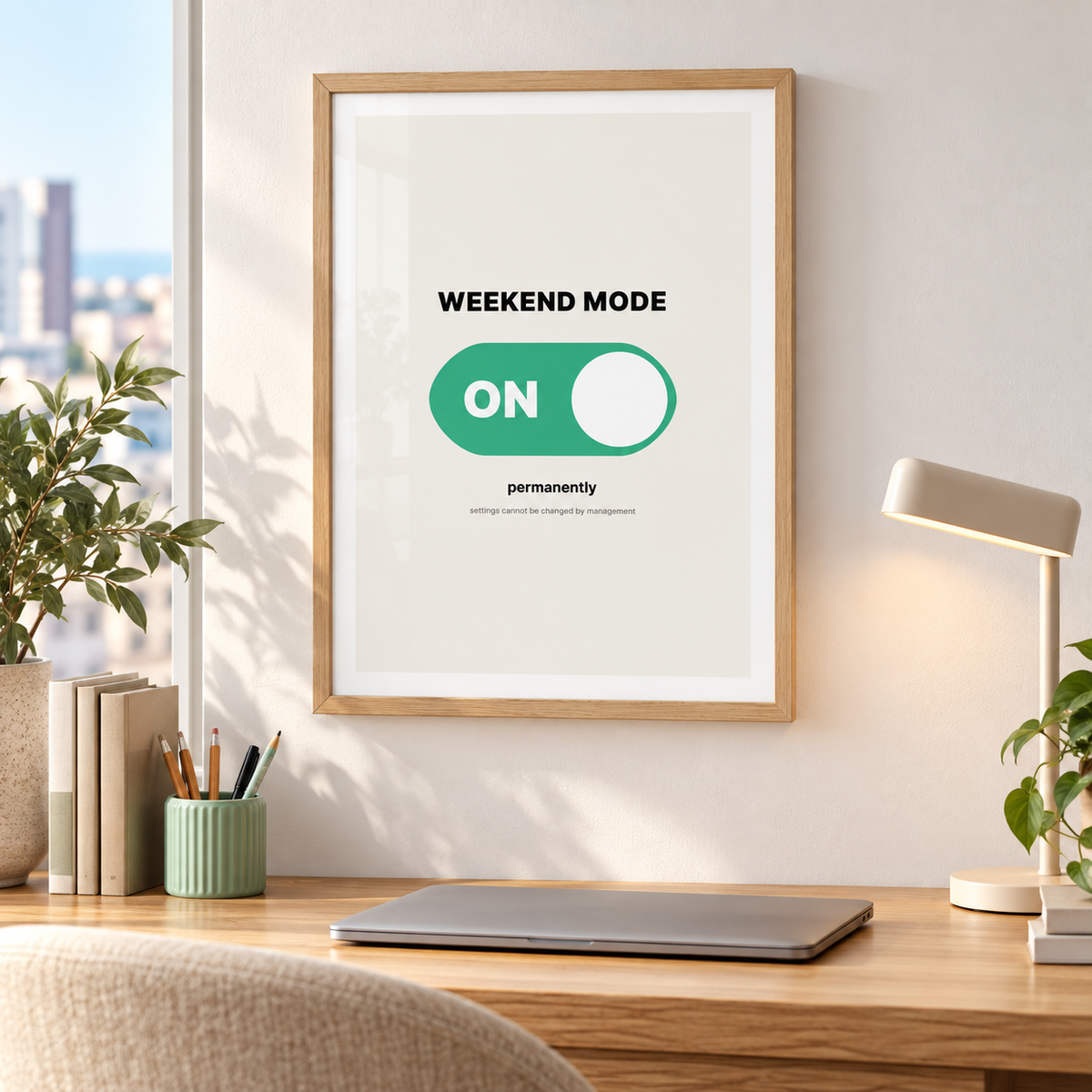 Green toggle switch print in a bright home office with plants