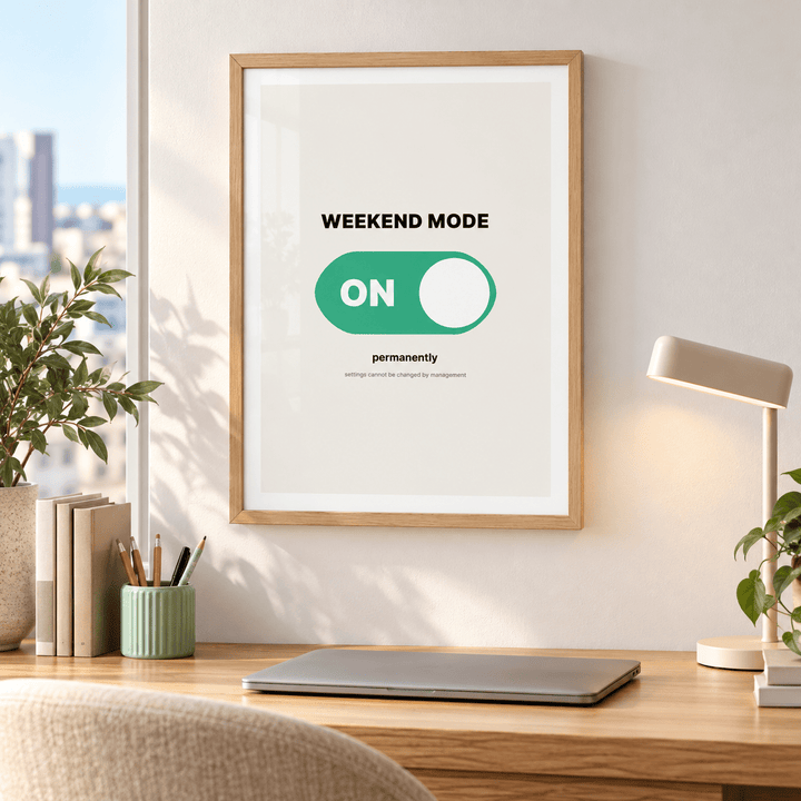 Green toggle switch print in a bright home office with plants