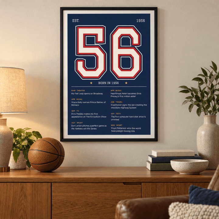 Navy varsity print of 1956 on a wall in a lived in room