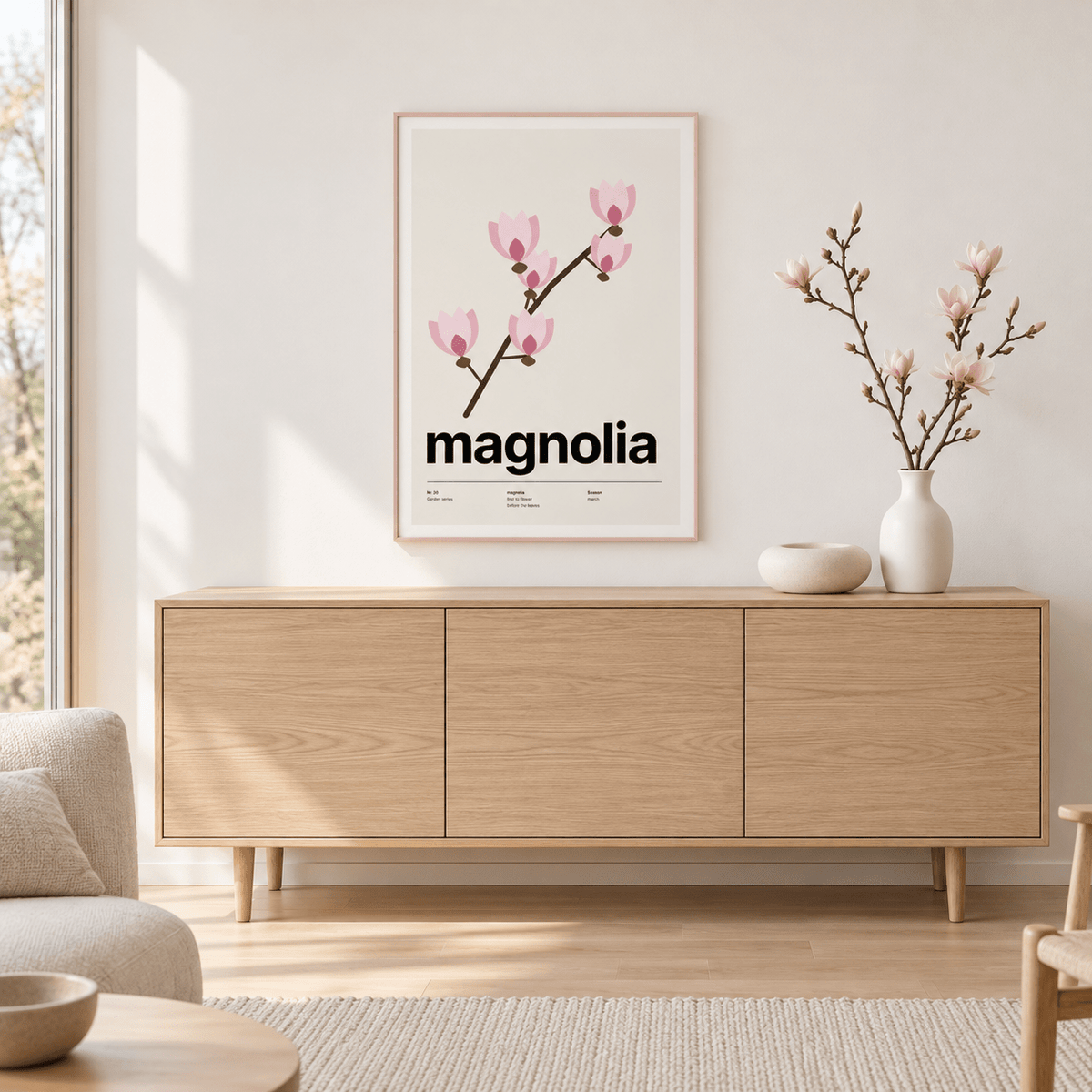 Bare branch with pink magnolia blooms above a sofa in a bright living room
