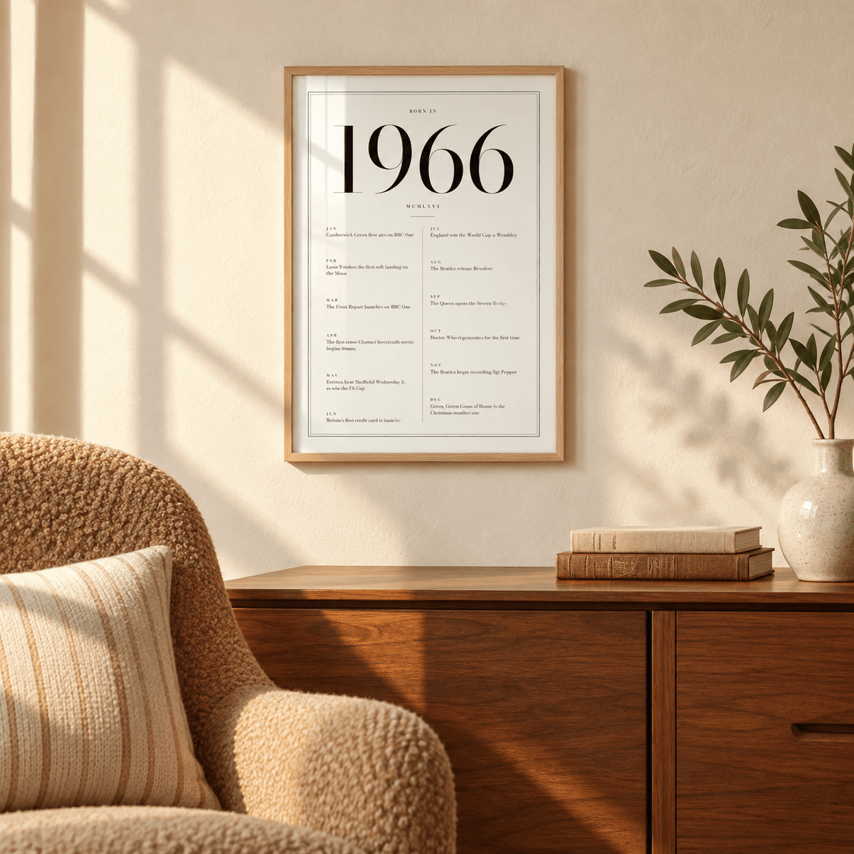White and black 1966 birth year print on a wall in a lived in room