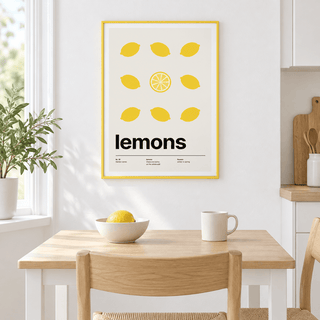 Grid of yellow lemons with green leaves above a breakfast table with a bowl of lemons
