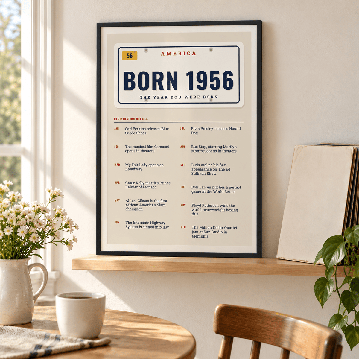 License plate print reading BORN 1956 on a wall in a lived in room