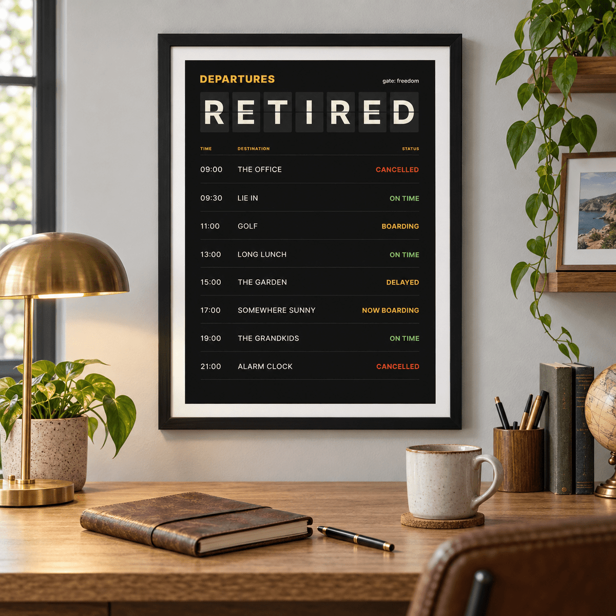 Black split flap board print in a study filled with travel books
