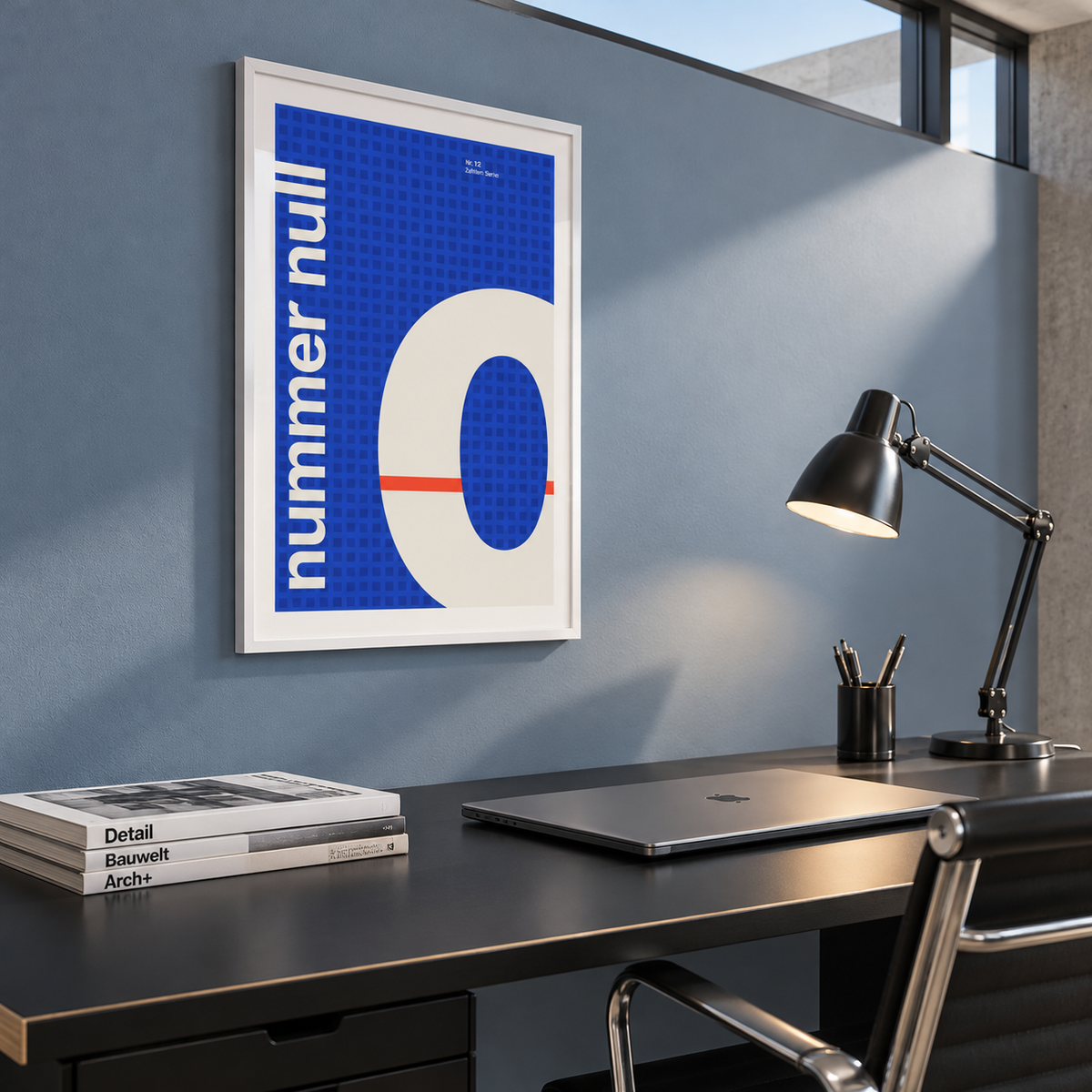 Number zero typography print above a desk in a home office