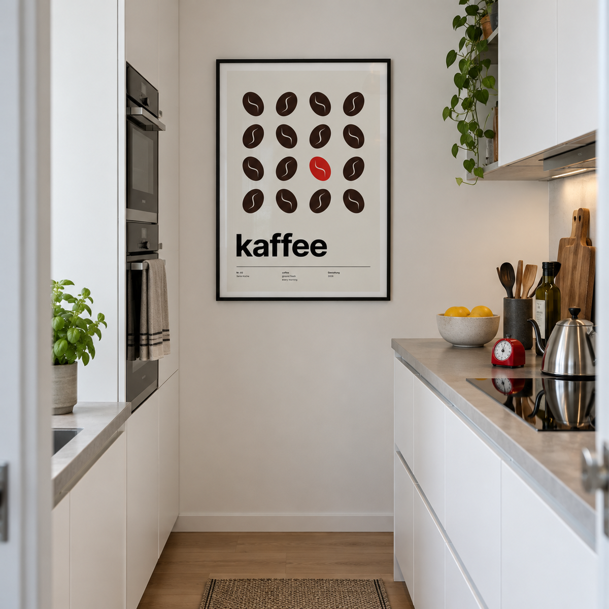 Swiss style coffee bean print in a galley kitchen against a white wall