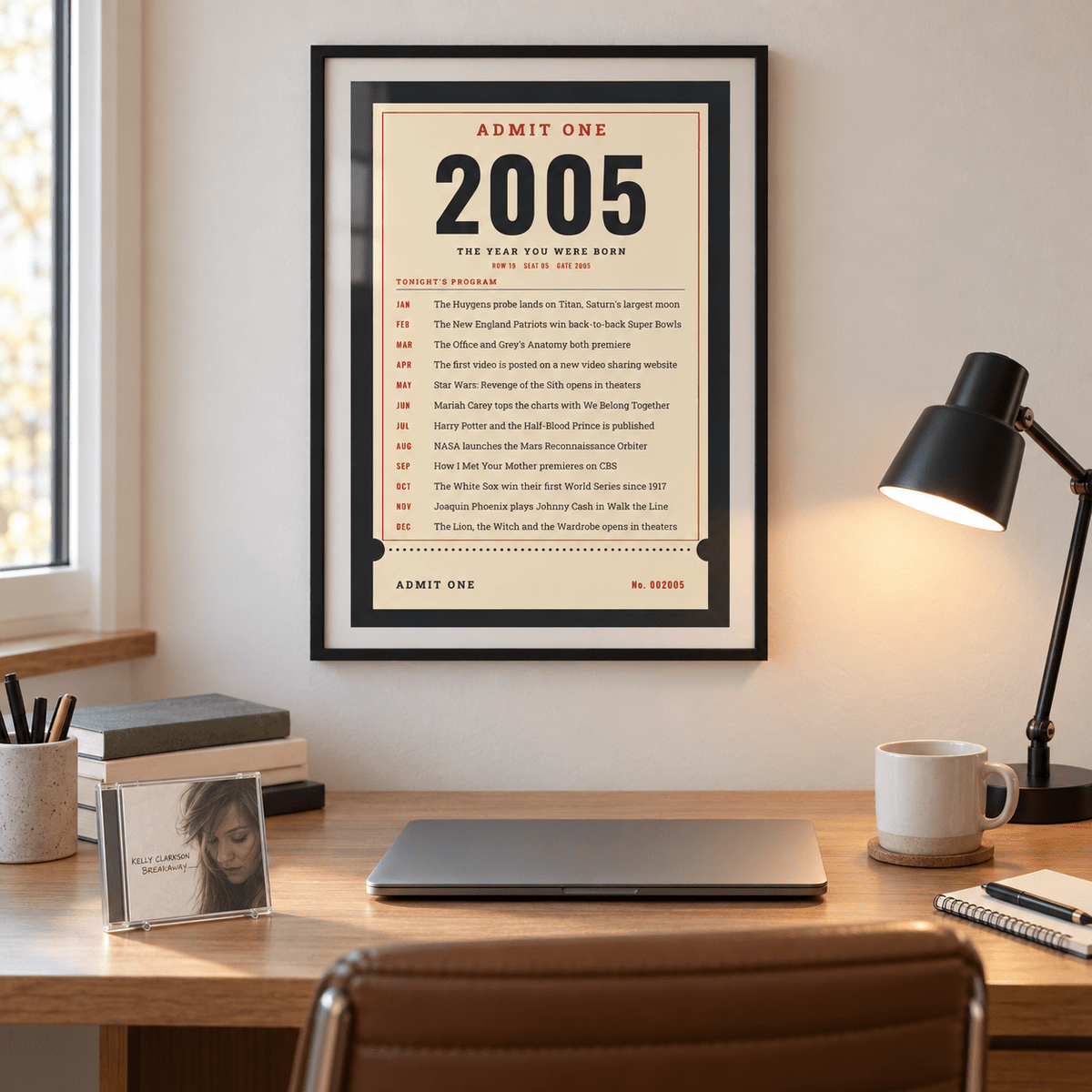 Ticket stub print with the year 2005 on a wall in a lived in room