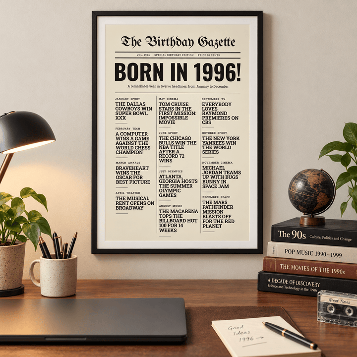 Birthday Gazette print with 1996 headlines on a wall in a lived in room