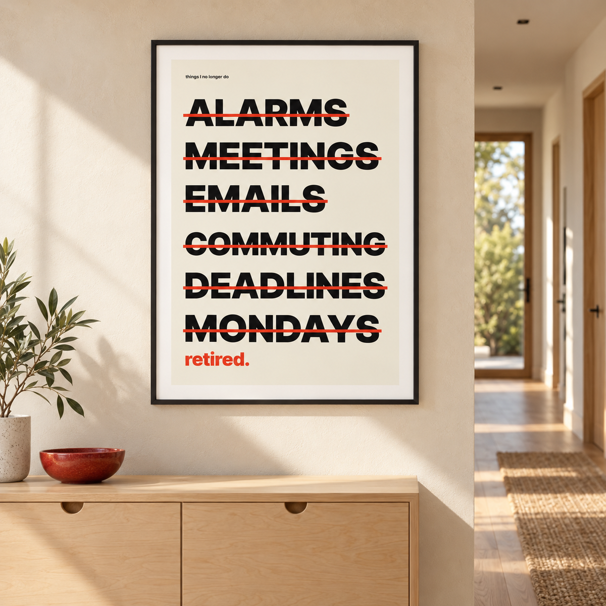 Alarms meetings emails crossed out print on the wall of a welcoming hallway